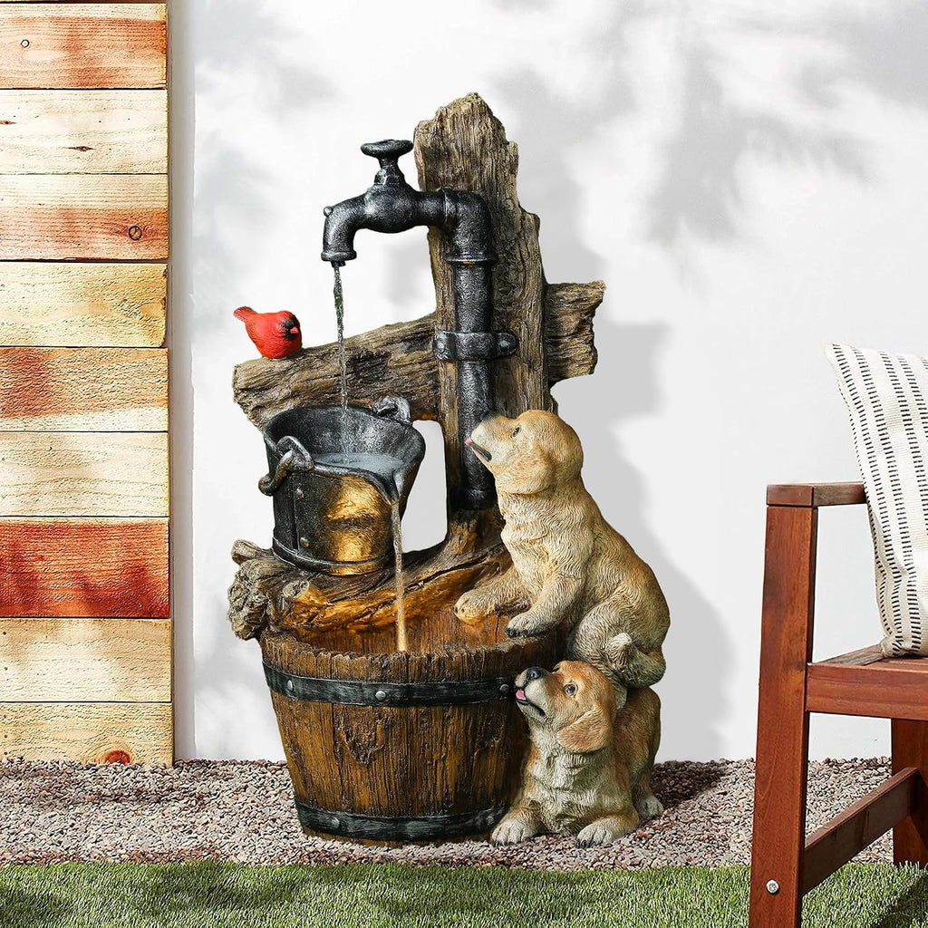 LuxenHome Water Fountain Outdoor, 30' Rustic Outdoor Water Fountain with LED Lights, Rustic Barrel Puppy and Pump Water Feature Outdoor, Garden Fountains Outdoor Patio, Porch, or Indoor Entryway