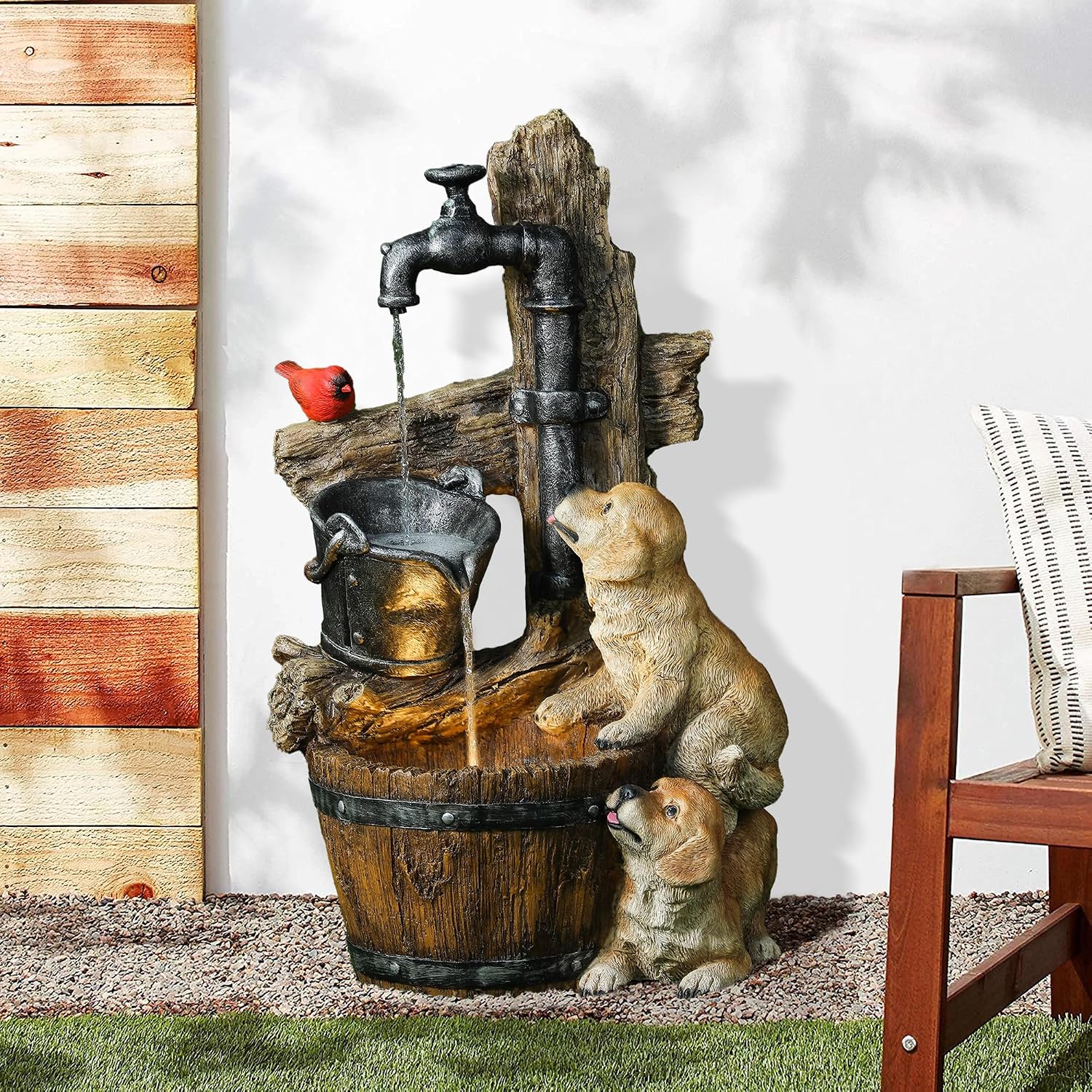 LuxenHome Water Fountain Outdoor, 30' Rustic Outdoor Water Fountain with LED Lights, Rustic Barrel Puppy and Pump Water Feature Outdoor, Garden Fountains Outdoor Patio, Porch, or Indoor Entryway