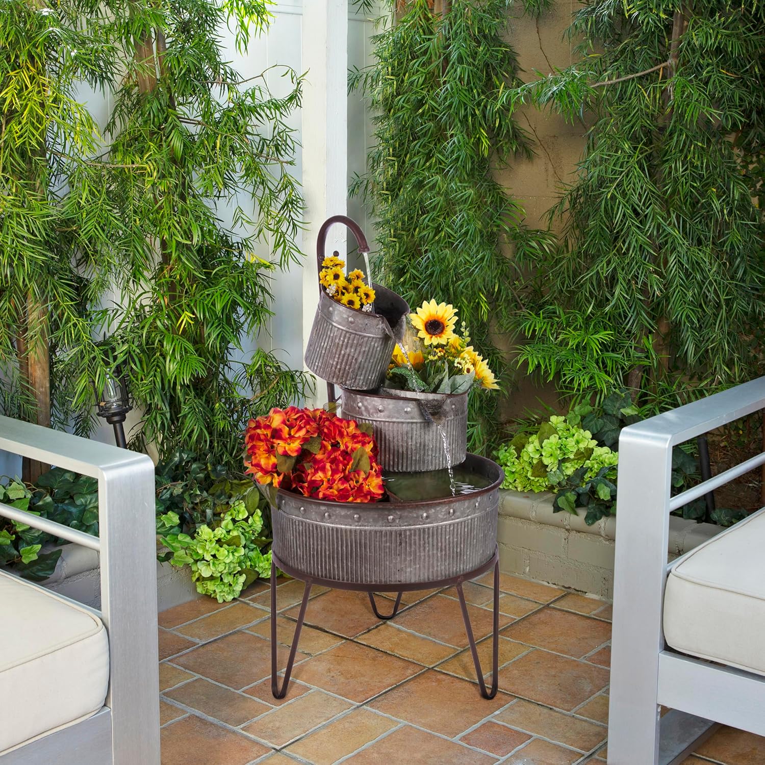 Alpine Corporation YHL684 33' Outdoor Floor 3-Tier Vintage Tubs and Planters Fountain, Rustic Metal Cascading Waterfall Feature for Gardens, Patios, and Yards, Silver