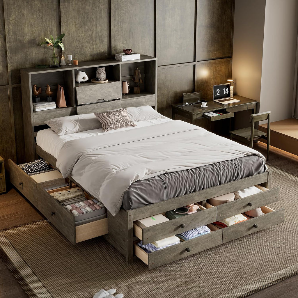 VilroCaz Wood Queen Size Platform Bed with Storage Headboard, Modern Platform Bed Captain's Bed Frame with 8 Drawers, Sturdy Slats Support, Maximize Space