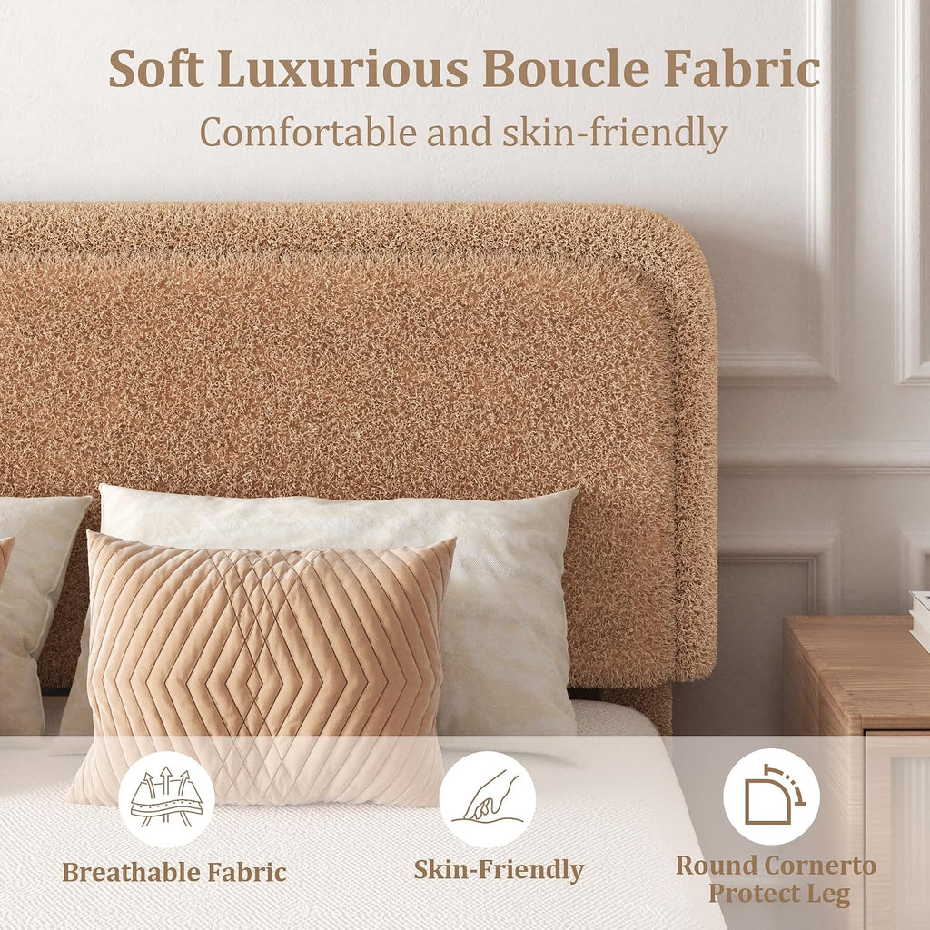 Queen Size Boucle Bed Frame with Adjustable Headboard, Upholstered Cloud Platform Bed, Anti-Collision Soft Rounded Corners, No Box Spring Needed, Easy Assembly, Noise Free, Camel