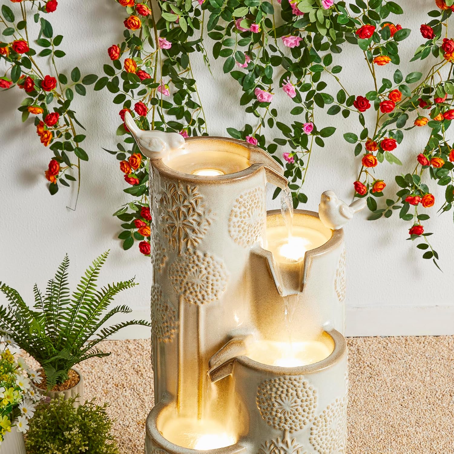 Glitzhome Water Fountain Outdoor with LED Lights, 4-Tier Vase Shaped Ceramic Outdoor Fountain, Dandelion Glaze Water Fountains Feature for Garden Backyard Patio, Sand Beige, 31.7'H