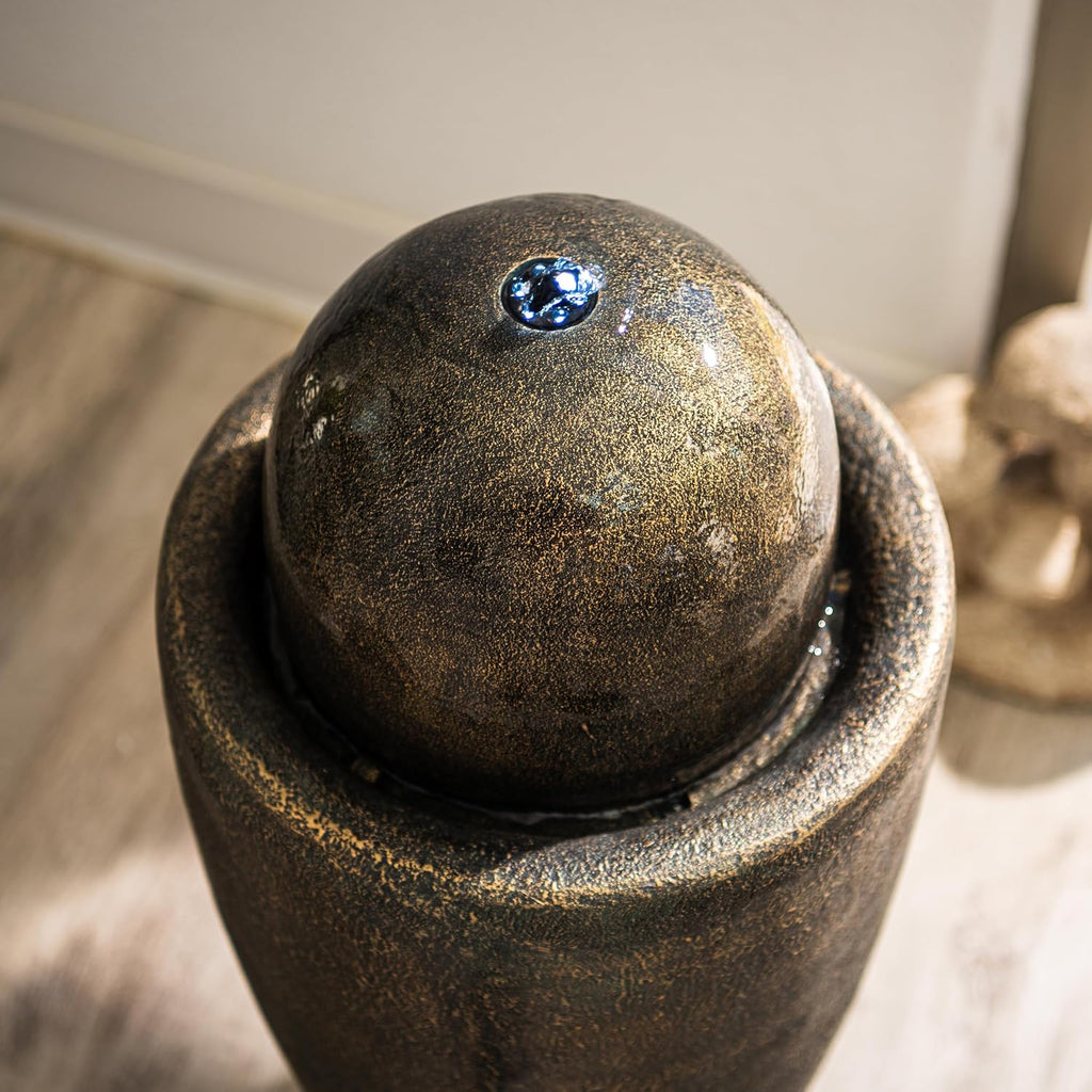 XBrand 25.98' Modern Sphere Water Fountain with LED Light – Indoor Outdoor Stone Texture Floor Fountain, Zen Bubbling Ball Water Feature for Garden Patio Porch - Bronze