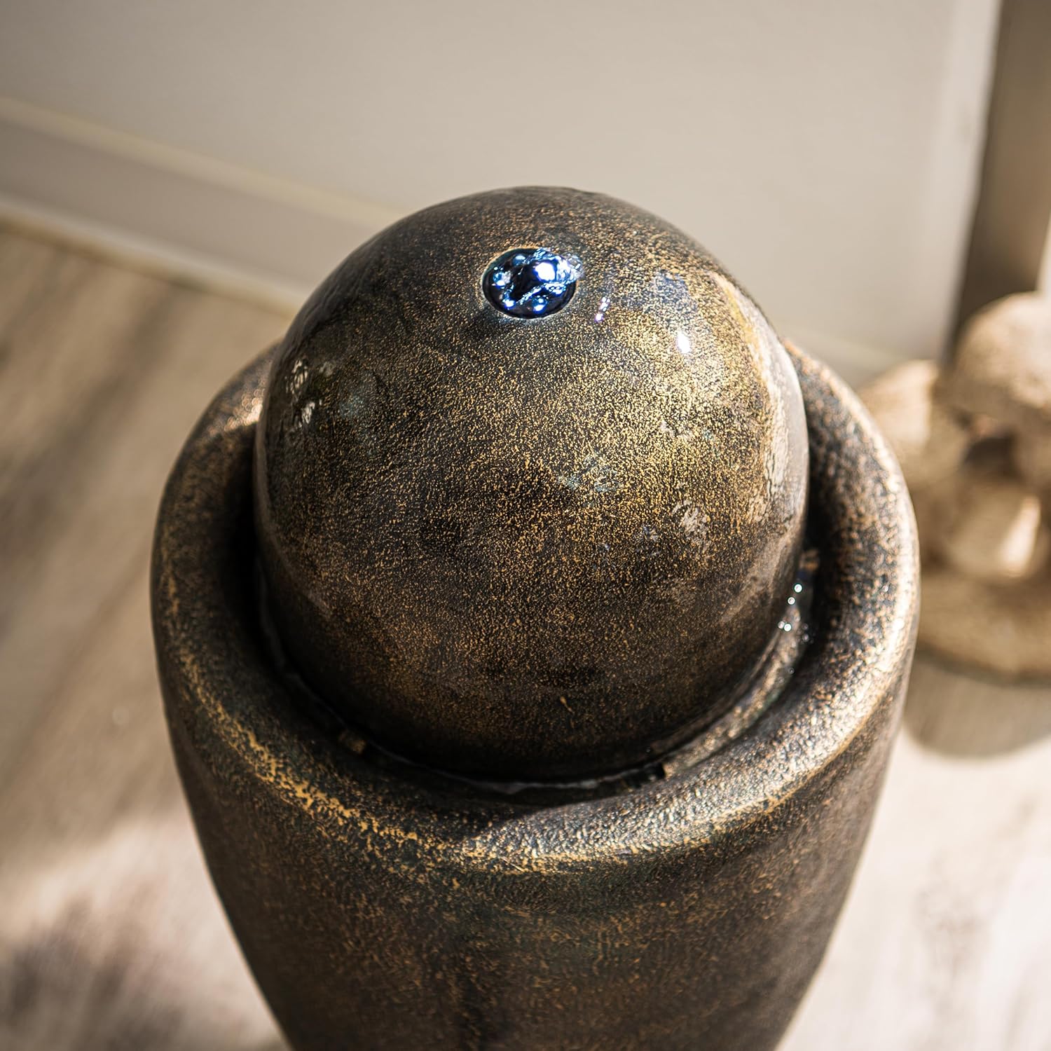 XBrand 25.98' Modern Sphere Water Fountain with LED Light – Indoor Outdoor Stone Texture Floor Fountain, Zen Bubbling Ball Water Feature for Garden Patio Porch - Bronze