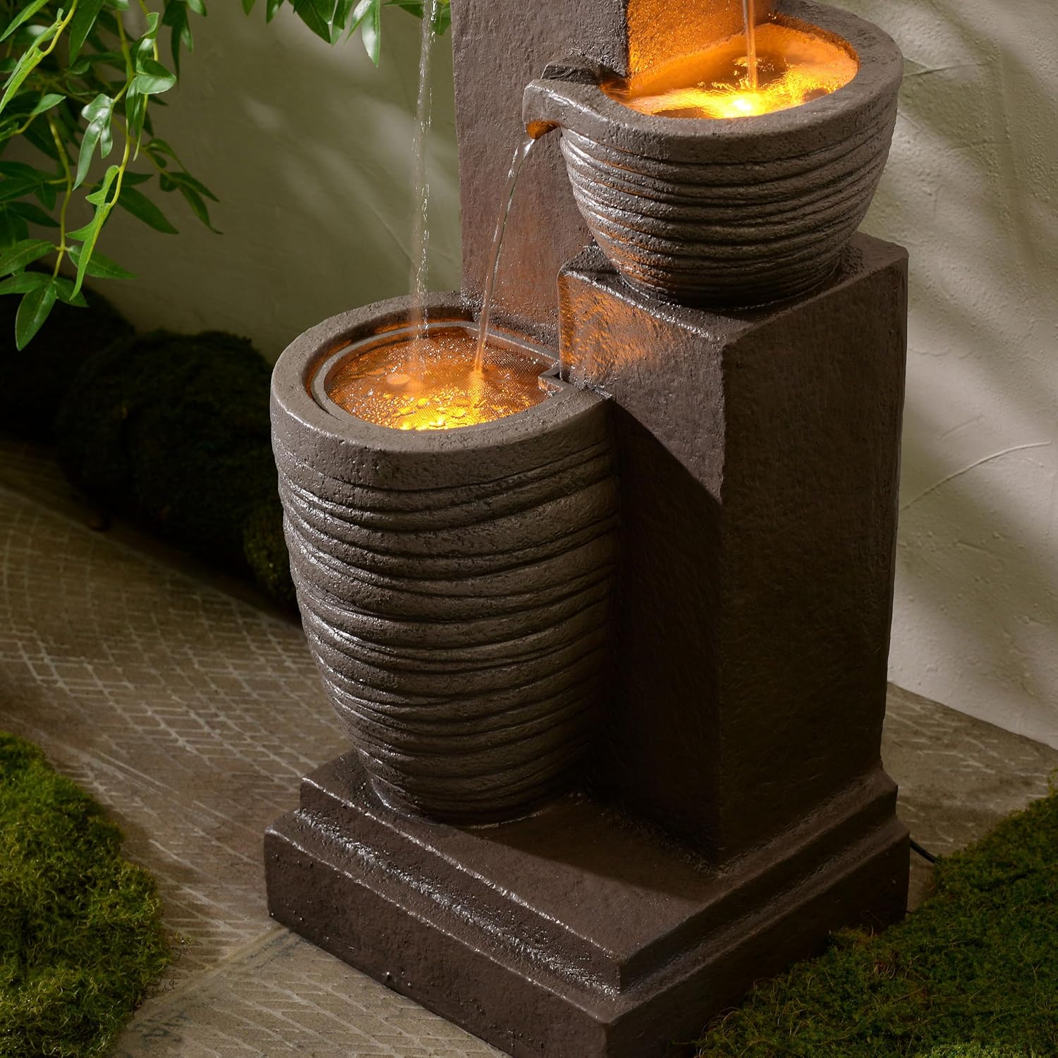 Teamson Home Horizontal Ribbed Pattern Outdoor Water Fountain–Warm Glow Lighting with Adjustable Flow & Electric Pump, Warm Gray
