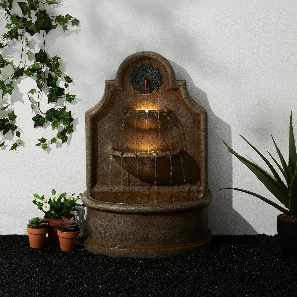 Glitzhome 37.25' H Outdoor Garden Water Fountain with LED Lights and Pump, Oversized Antique European Style 3-Tier Polyresin Cascading Floor-Standing Fountain for Porch Deck Patio Backyard Decoration