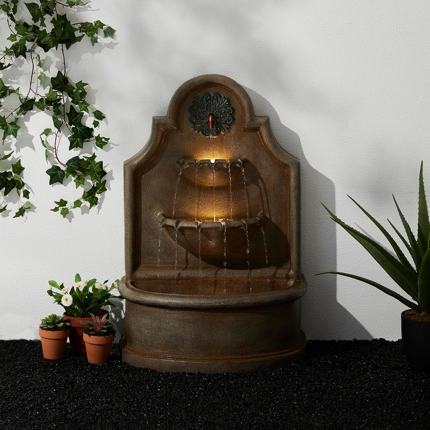 Glitzhome 37.25' H Outdoor Garden Water Fountain with LED Lights and Pump, Oversized Antique European Style 3-Tier Polyresin Cascading Floor-Standing Fountain for Porch Deck Patio Backyard Decoration