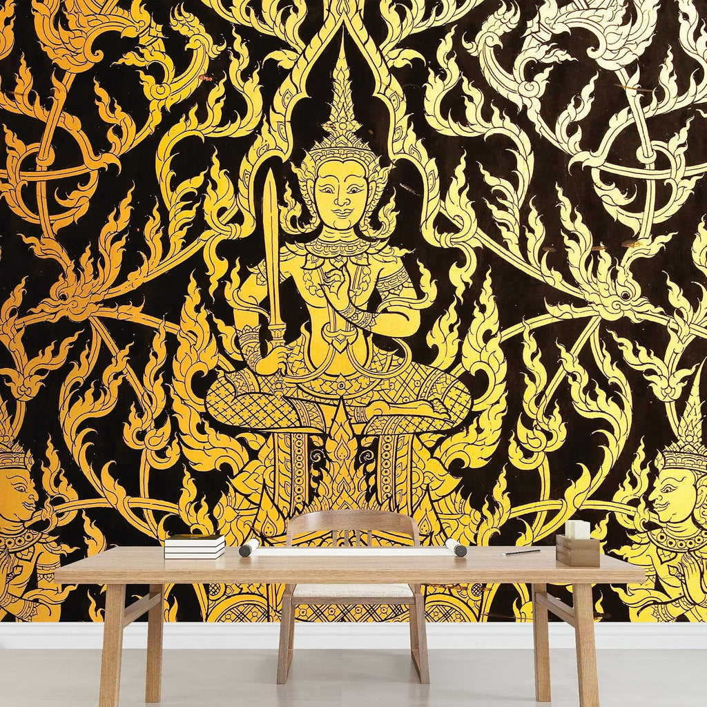 wall26 Black and Gold Traditional Thai Temple Painting - Ornate Wall Decoration Wall Mural, Removable Sticker, Home Decor - 100x144 inches