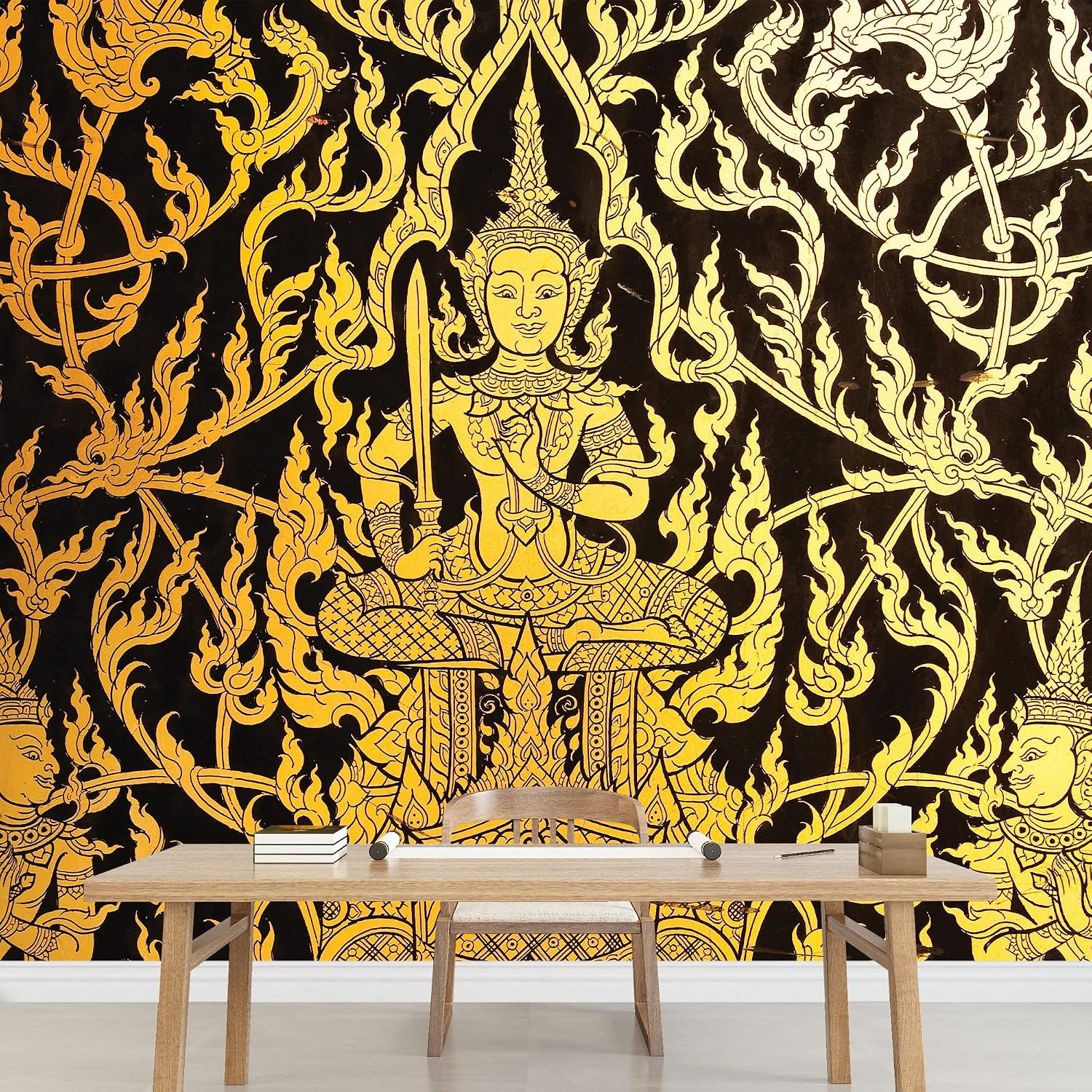 wall26 Black and Gold Traditional Thai Temple Painting - Ornate Wall Decoration Wall Mural, Removable Sticker, Home Decor - 100x144 inches