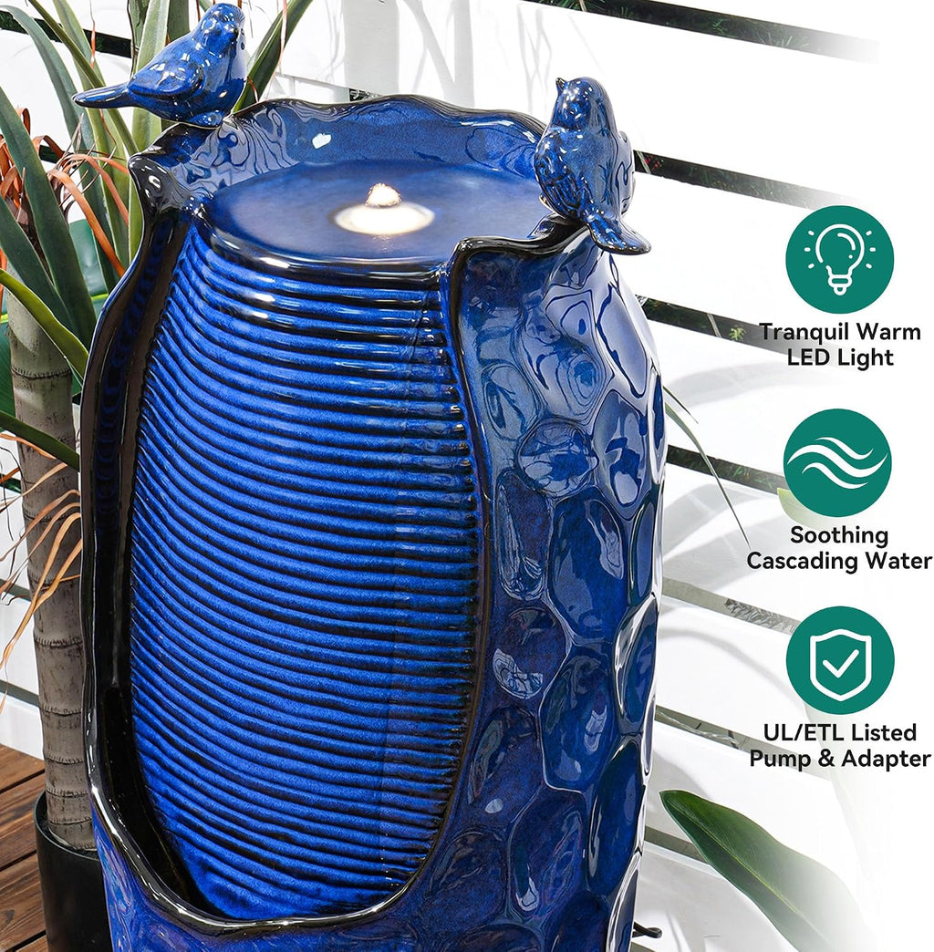33' H Ceramic Jar Outdoor Water Fountain, Cobalt Blue Water Feature with Hammered Texture & Birds, Soothing Cascading Waterfall for Outside Garden Patio Yard Porch Decor, Mom Gift
