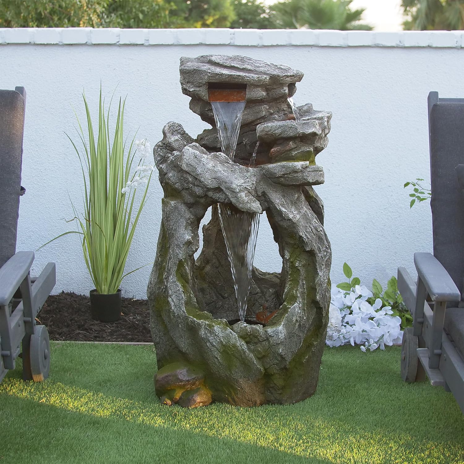 Alpine Corporation 41' Tall Outdoor Cascading Rainforest Rock Waterfall Floor Fountain with LED for Gardens, Patios, and Yards, Brown
