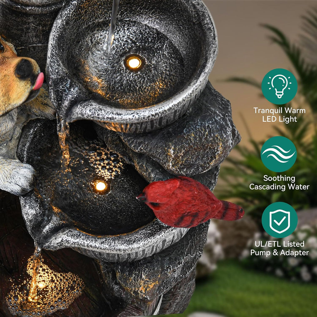 30' Puppy & Red Bird Outdoor Fountain, 3-Tier Pastoral Water Feature with LED Lights, Resin Two Bowls & Wooden Barrel Soothing Cascading Waterfall for Patio, Backyard, Garden