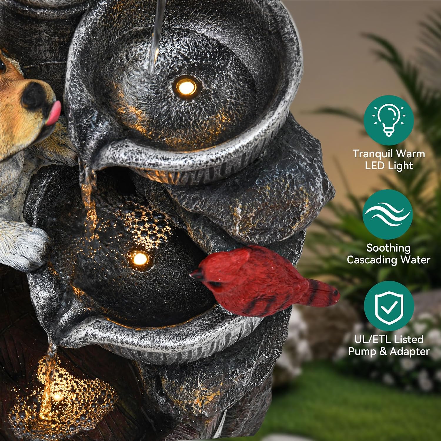 30' Puppy & Red Bird Outdoor Fountain, 3-Tier Pastoral Water Feature with LED Lights, Resin Two Bowls & Wooden Barrel Soothing Cascading Waterfall for Patio, Backyard, Garden