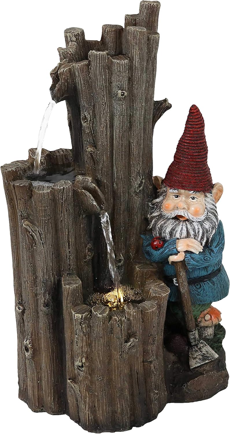 Sunnydaze Resting Gnome Outdoor Water Fountain with LED Light - Gnome Garden Fountain for Patio, Backyard or Deck - 17' High