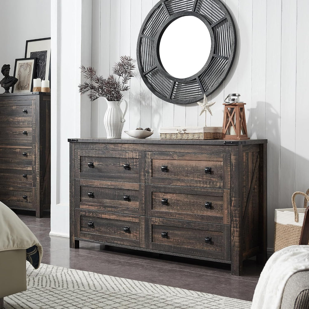 RedLemon Farmhouse 6 Drawer Dresser for Bedroom, 54 Inch Wide Rustic Wood Dresser TV Stand, Dresser Chest of Drawers for Closet, Living Room, Hallway, Dark Rustic Oak