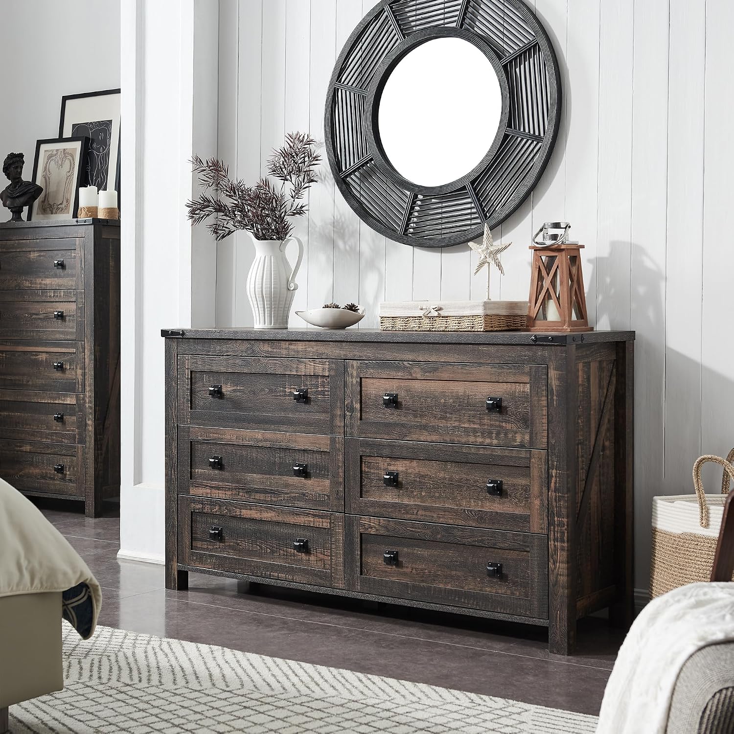 RedLemon Farmhouse 6 Drawer Dresser for Bedroom, 54 Inch Wide Rustic Wood Dresser TV Stand, Dresser Chest of Drawers for Closet, Living Room, Hallway, Dark Rustic Oak