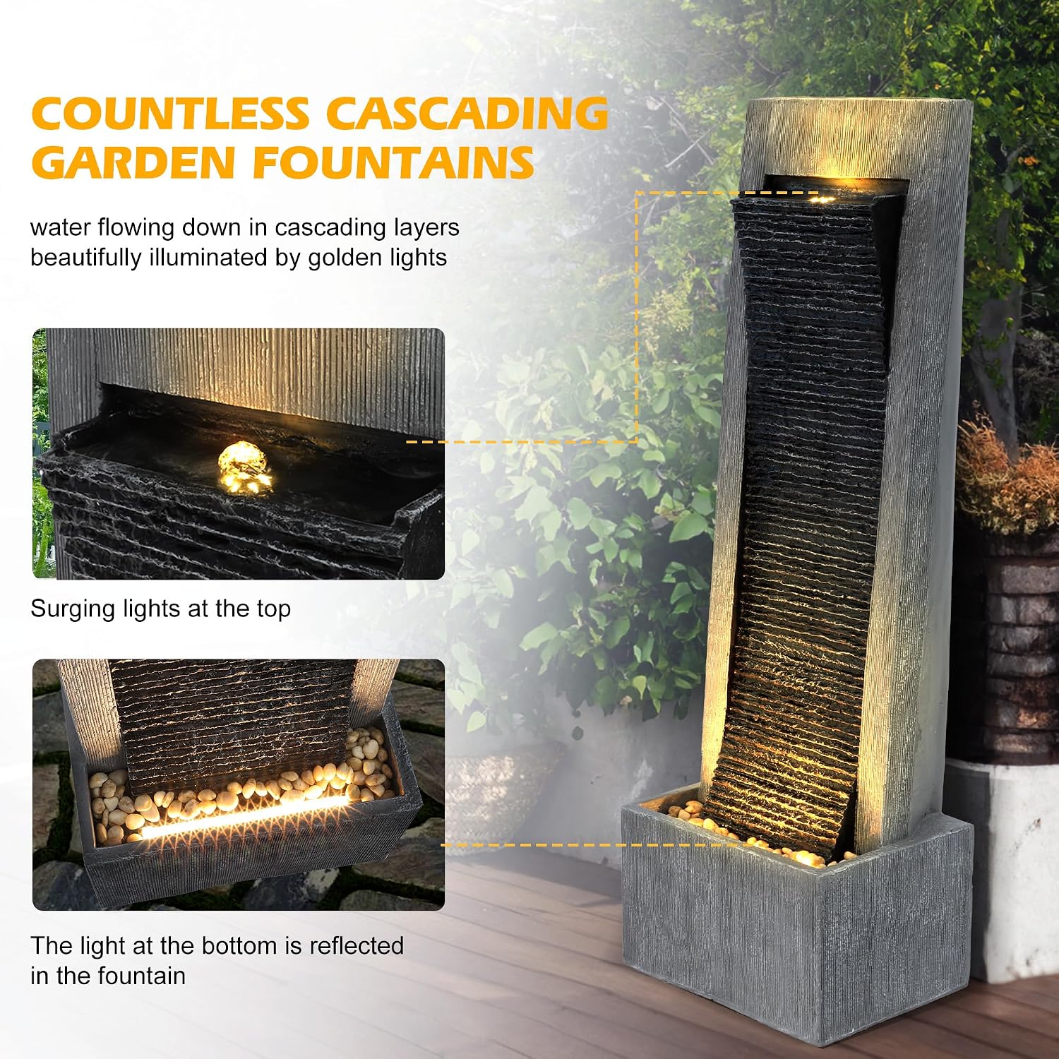TITIMO 49.6''H Cascading Rock Water Fountain Outdoor Garden Waterfall with Lights, Fountain Indoor Decor for Garden, Patio, Backyard, Deck, Porch and Home Art Decor