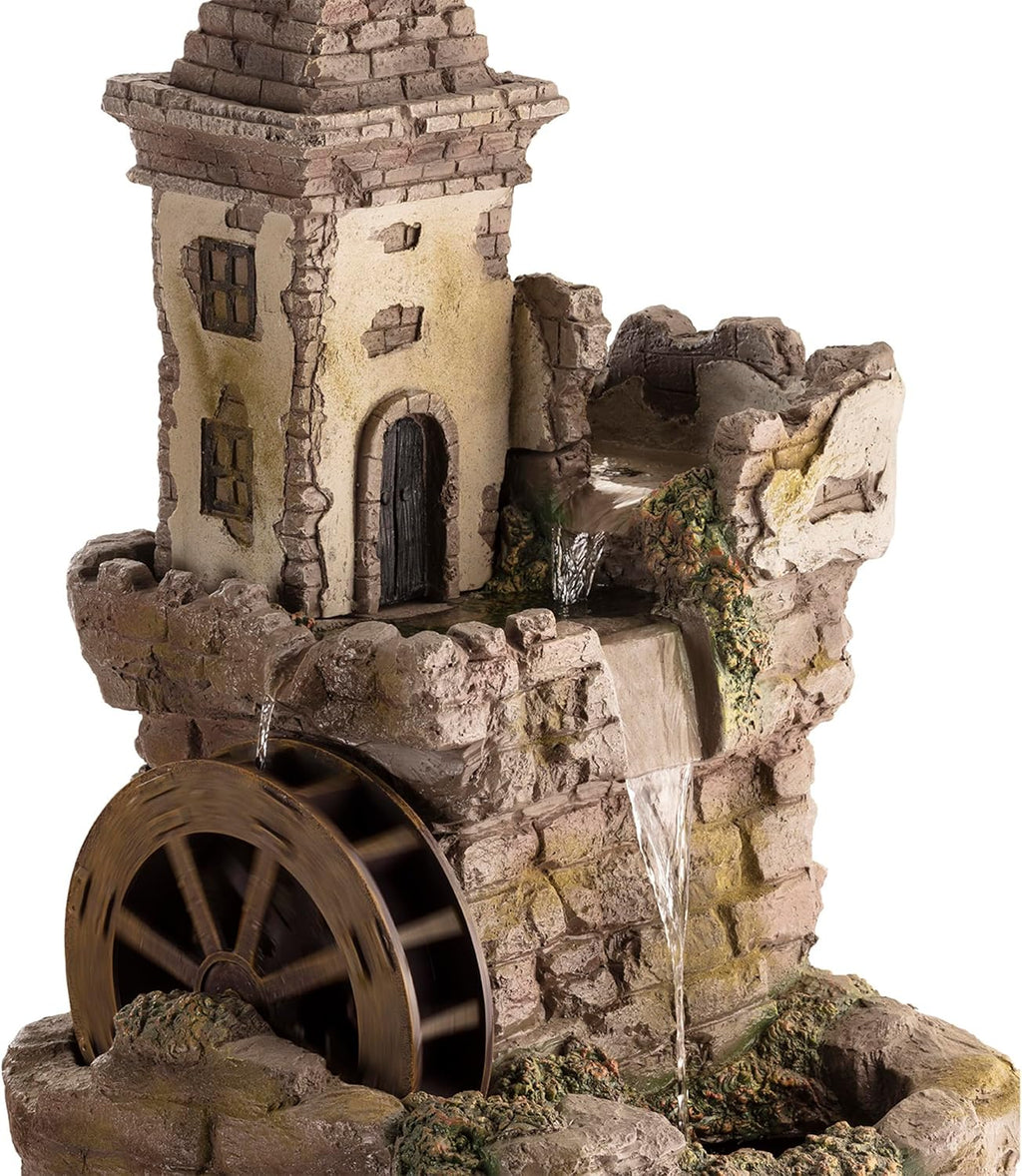 Alpine Corporation USA1164 Outdoor Floor Tiered Fairy Castle Waterwheel Water Fountain with Realistic Stone Look, 35', Brown