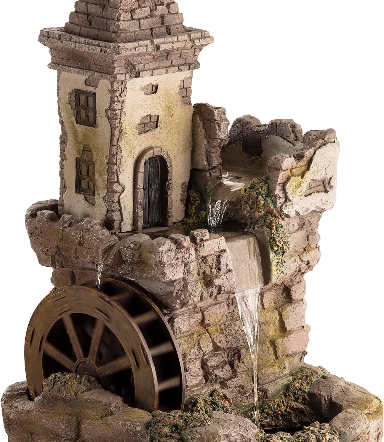 Alpine Corporation USA1164 Outdoor Floor Tiered Fairy Castle Waterwheel Water Fountain with Realistic Stone Look, 35', Brown