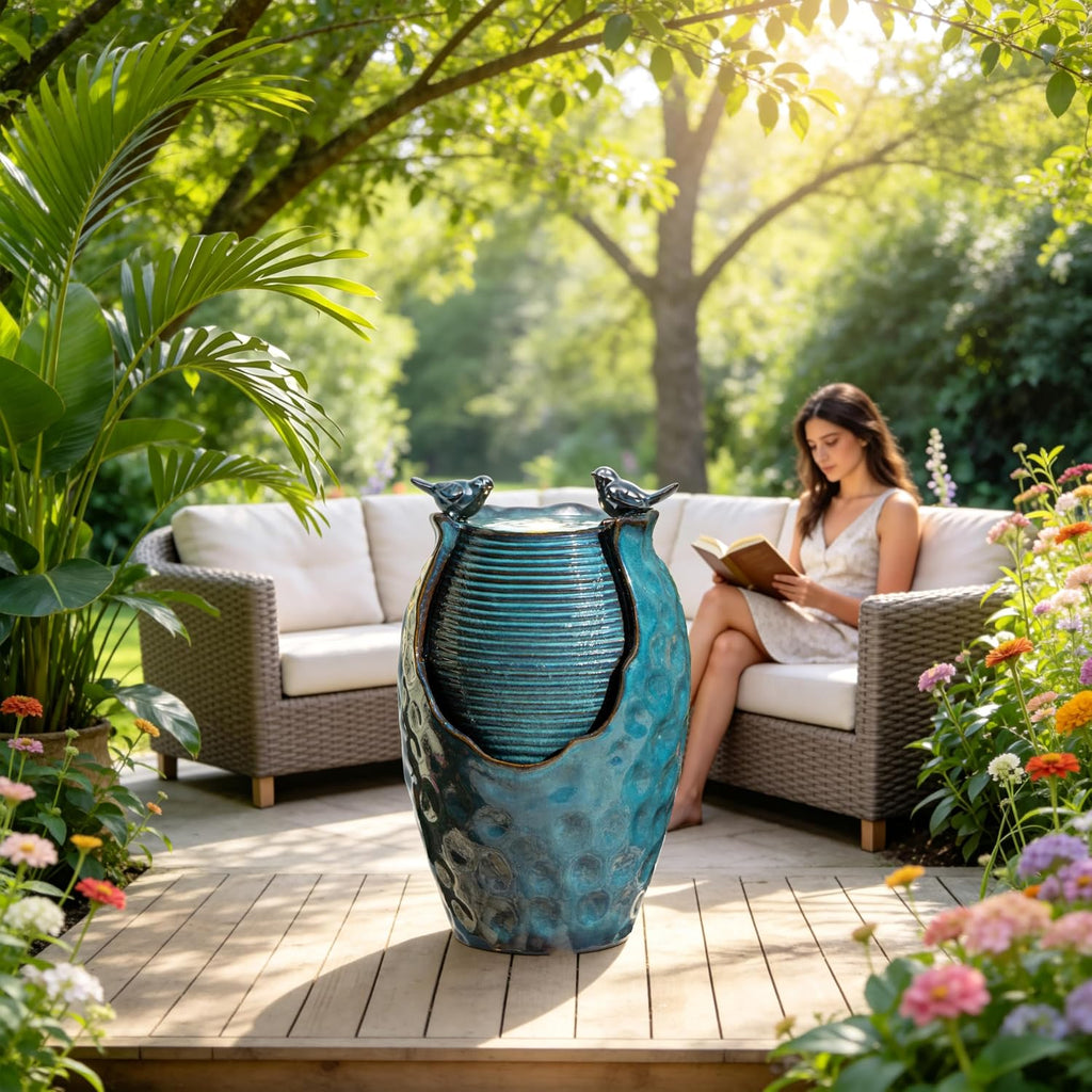 24.8' H Ceramic Jar Outdoor Water Fountain with LED Lights & Bird Accents, Elegant Turquoise Glaze with Bubble-Like Texture, Decorative Garden Water Feature