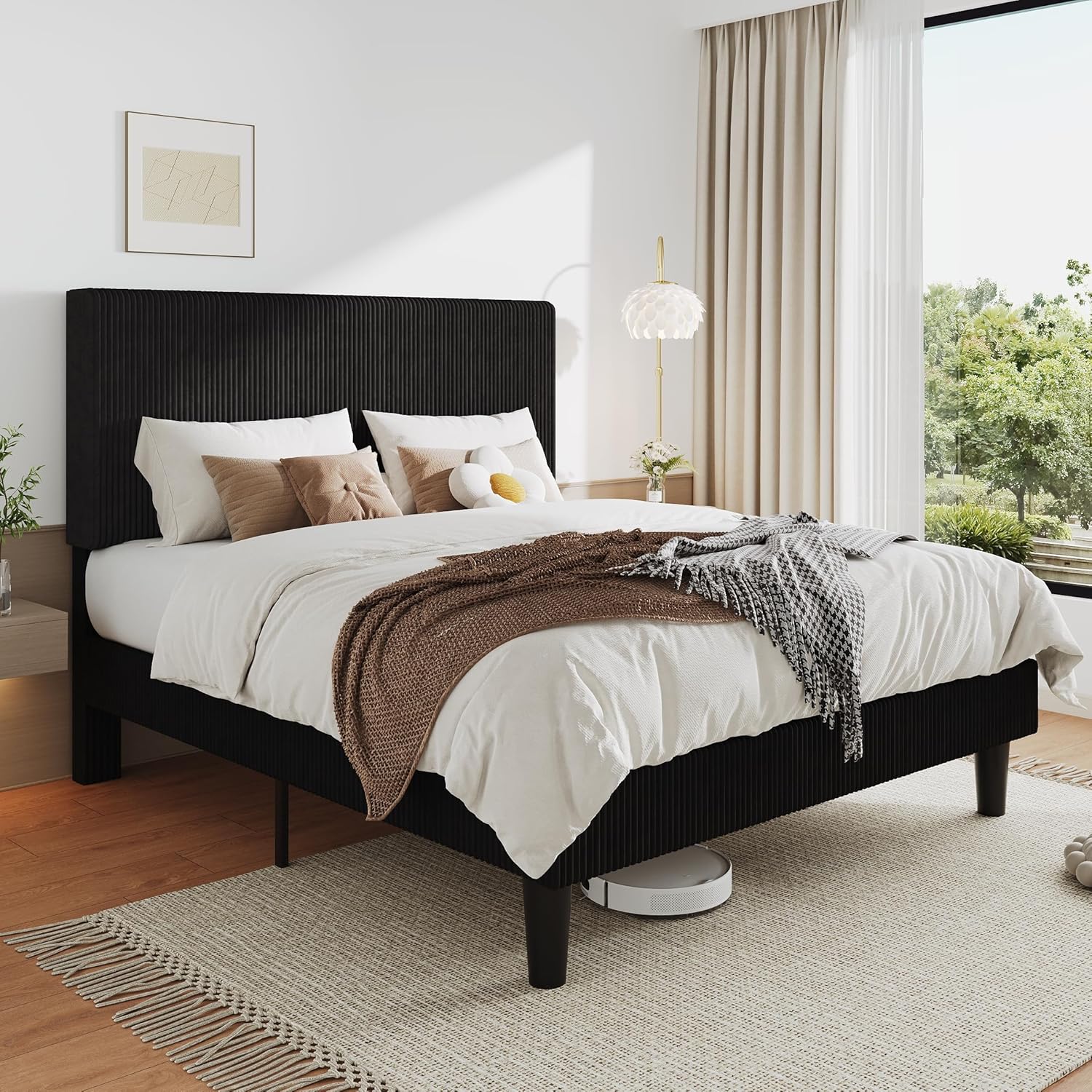 Allewie Full Size Upholstered Bed Frame with Vertical Channel Tufted Headboard, Soft Corduroy Fabric Platform Bed, Strong Wooden Slats Support, Easy Assembly, No Box Spring Needed, Black