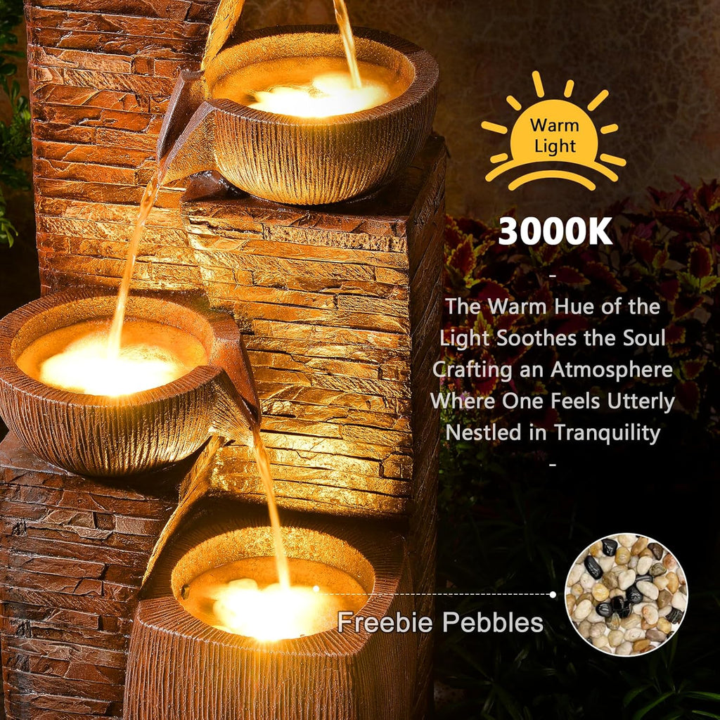 38.2' Tall Solar Water Fountain Outdoor Garden,Stone Texture Modern 4 Tiers Cascading Bowls Garden Fountains Outdoor,Suit for Patio, Deck, Porch, Lawns, Backyard and Home Art Decor