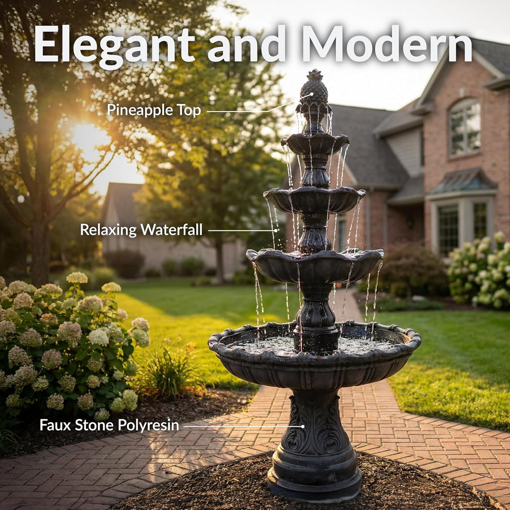Sunnydaze Grand Courtyard 4-Tier Large Outdoor Water Fountain - 80' Tall Outdoor Fountain - Tiered Electric Garden Water Feature for Patio, Backyard, or Yard - Faux Stone Resin - Black