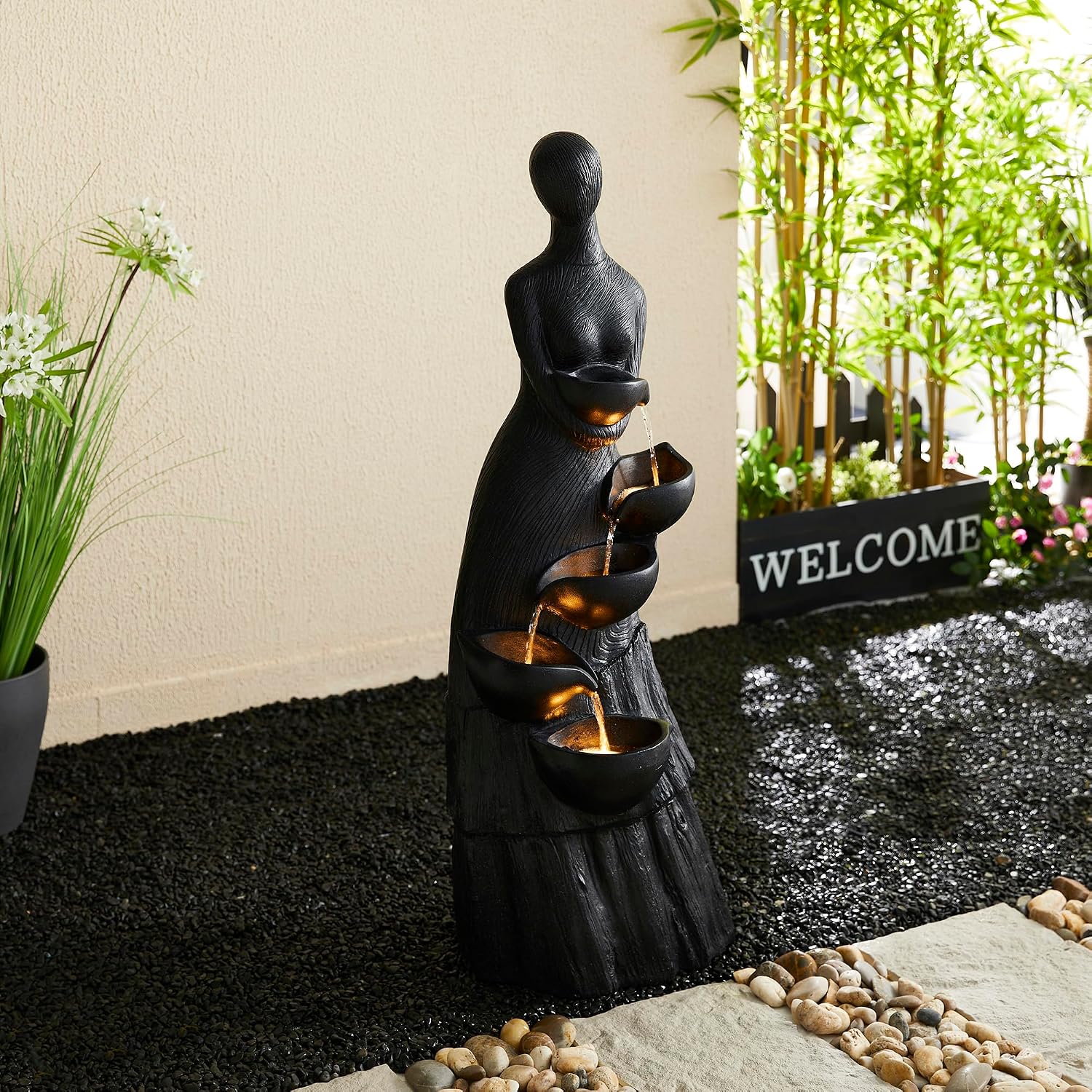 Glitzhome 39.75' H Modern Abstract Women Sculpture Outdoor Water Fountain, 5 Tier Woman Statue Waterfall Fountain with LED Lights and Pump for Porch Deck Garden Patio Backyard