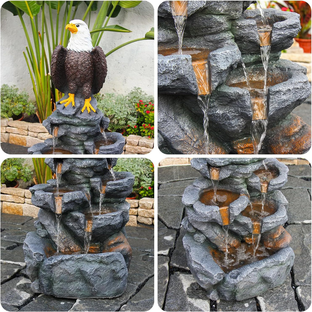 YZM Bald Eagle Statue Outdoor Fountain Tiered Cascading Rock Water Fountain Outdoor Garden Waterfall Decor for Garden Patio Backyard Deck Porch Outside Water Feature 39.76' H