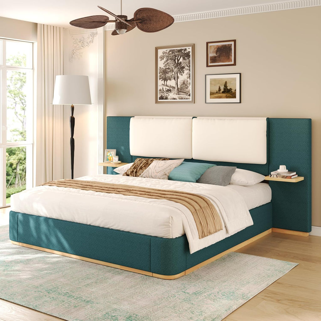 Merax Queen Size Bed Frame, Linen Upholstered Platform Bed with Large PU Leather Headboard and Shelf, Modern Bedroom Furniture & Solid Wood Slats Support, No Box Spring Needed, Easy Assembly, Green