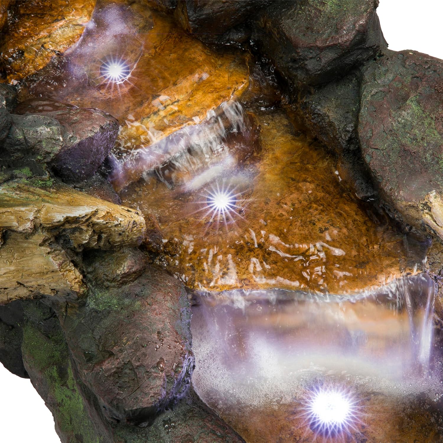 Alpine Corporation TZL296 41' Long Indoor/Outdoor River Rock and Log Fountain with LED Lights – Outdoor Water Feature for Garden, Patio, and Home Décor, Brown