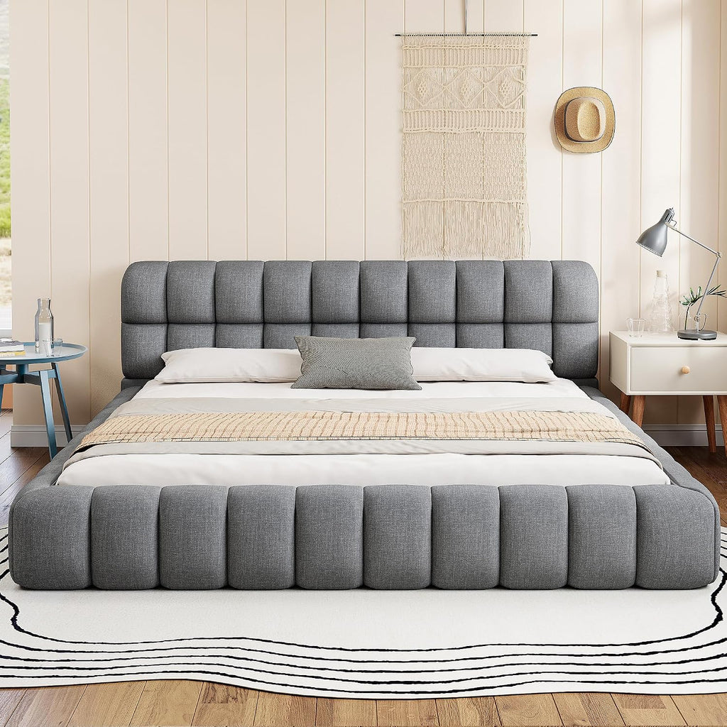 King Size Modern Cloud Bed,King Size Upholstered Platform Bed with Thick Fabric, Grounded Bed with Solid Frame,Floor Bed Frame (Gray)