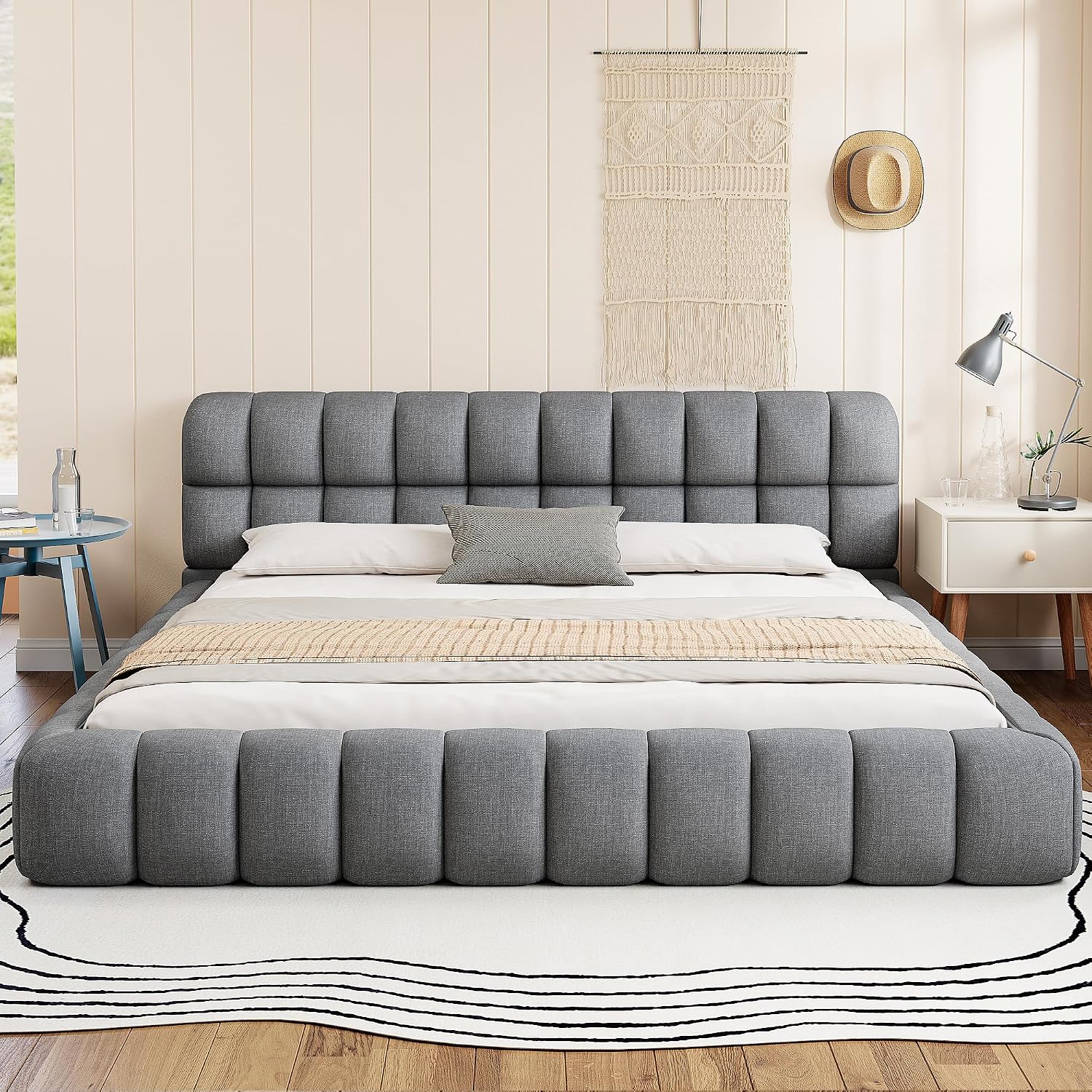 King Size Modern Cloud Bed,King Size Upholstered Platform Bed with Thick Fabric, Grounded Bed with Solid Frame,Floor Bed Frame (Gray)