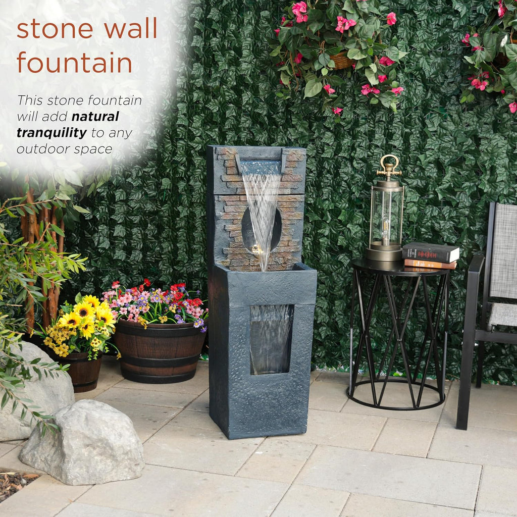 Alpine Corporation TZL398 40' Stone Wall Cascading Fountain with LED Lights, Elegant Outdoor Water Feature for Garden, Patio, Backyard & Home Decor, Relaxing Waterfall Fountain, Gray