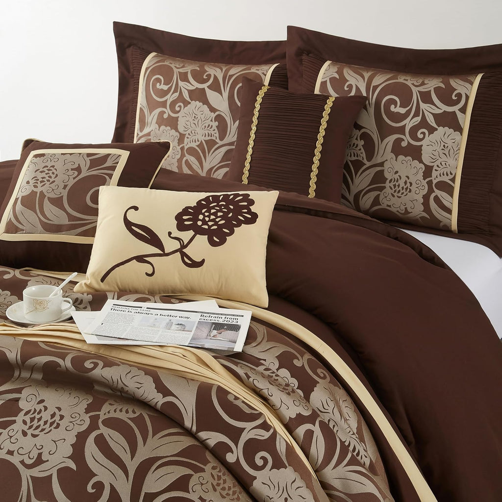 Stratford Park 7 Piece Brown Gold Comforter Set, King Size Jacquard Floral Bedding Set, All Season, Ultra-Soft, Matching Pillows & Shams, Bed Skirt