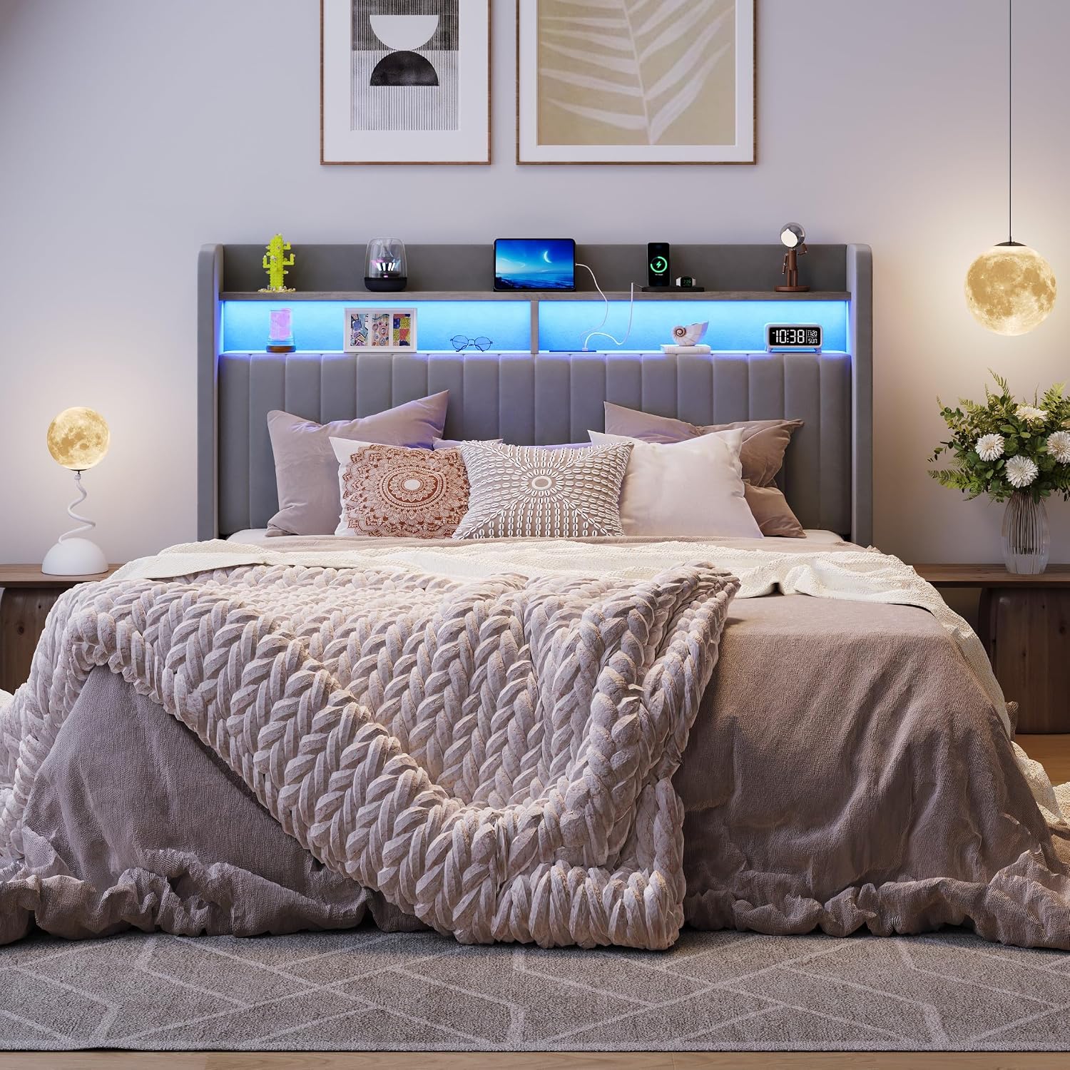 SHA CERLIN Full Size Lift Up Storage Bed Frame/LED Lights/Charging Station/2-Tier Shelves Headboard/USB,Type-C Ports/Velvet Upholstered/Hydraulic Support/No Box Spring Needed/Noise Free/Gray