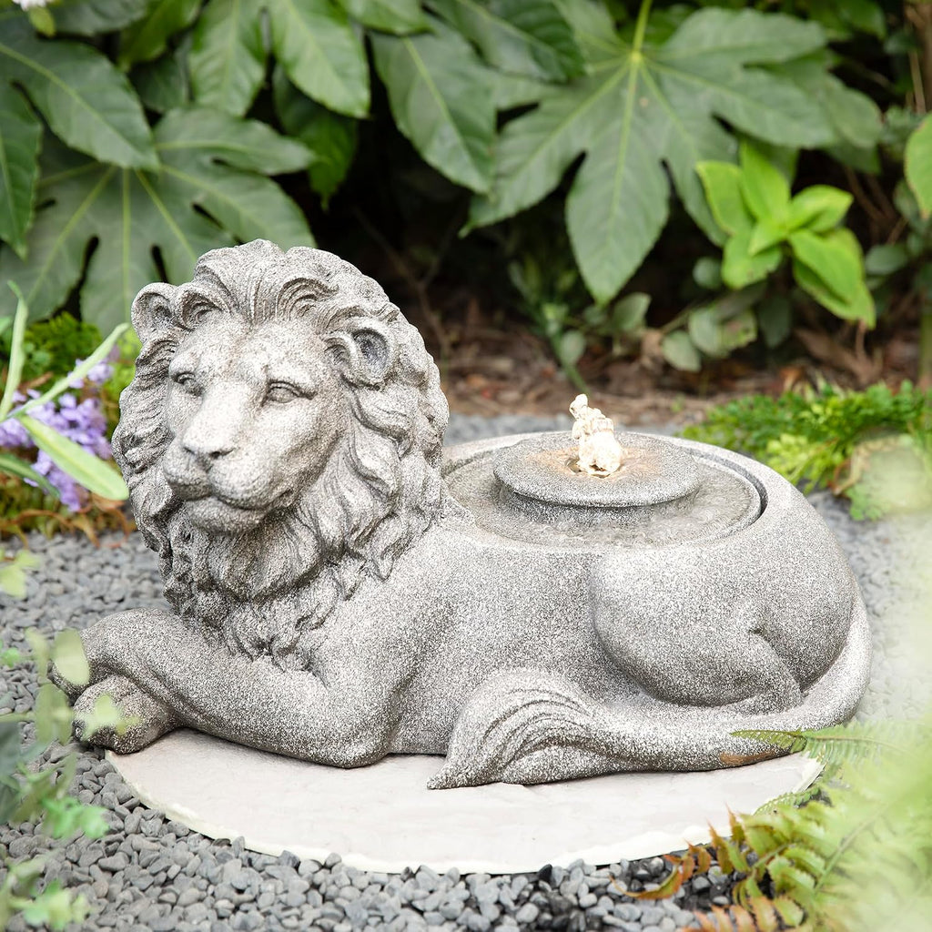 Glitzhome Outdoor Fountain with Lights & Pump, 20' L Zen-Style Lying Lion Polyresin Water Fountain Outdoor, Floor Standing Water Feature for Garden Yard Patio Porch Decor