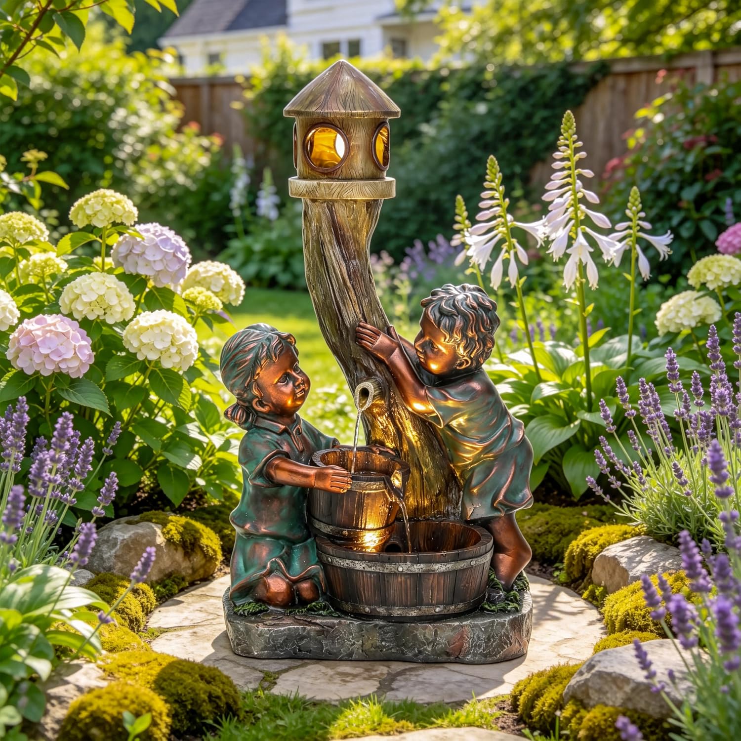 31' H Boy & Girl Outdoor Water Fountain with LED Lights, Faux Bronze Resin Statue Fountain, Wood Barrel & Pagoda Design, 3-Tier Cascading Waterfall for Serene Patio, Yard and Porch