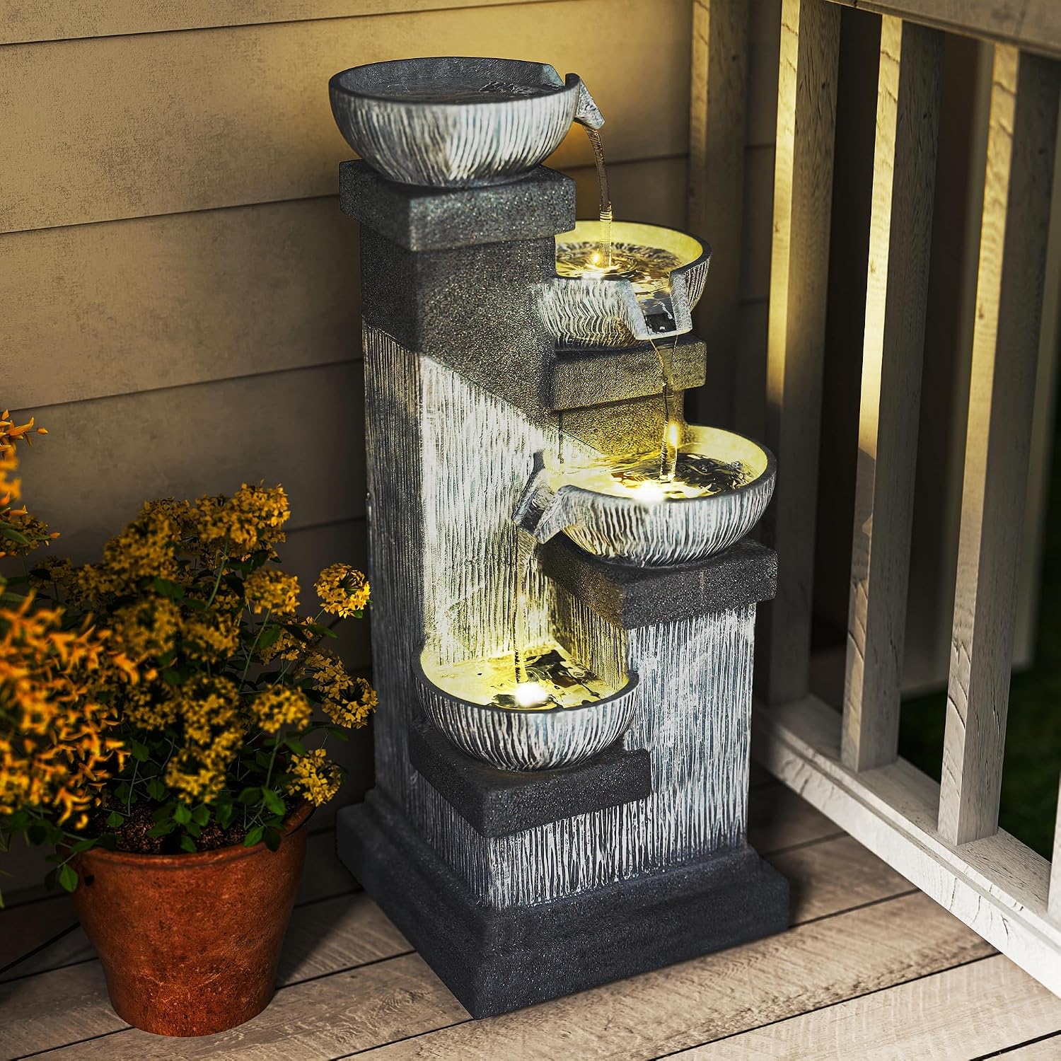 Outsunny 33.5' Tall Outdoor Water Fountain, 4-Tier Floor Standing Resin Cascading Bowls Waterfall Fountain with LED Lights, Pump for Garden, Patio, Backyard