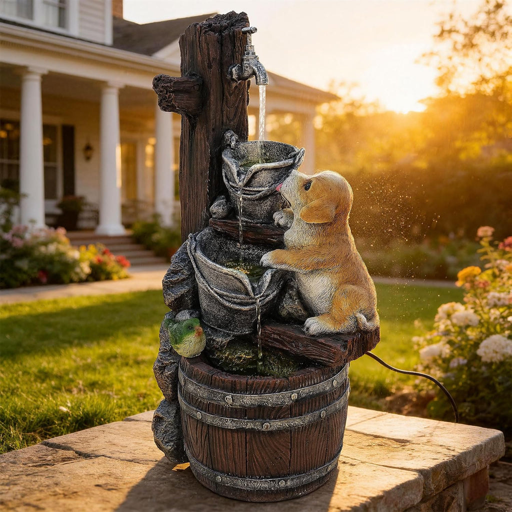 24.5' Puppy & Green Bird Outdoor Fountain, 3-Tier Pastoral Water Feature with LED Lights, Resin Buckets & Wooden Barrel Soothing Cascading Waterfall for Patio, Backyard, Garden