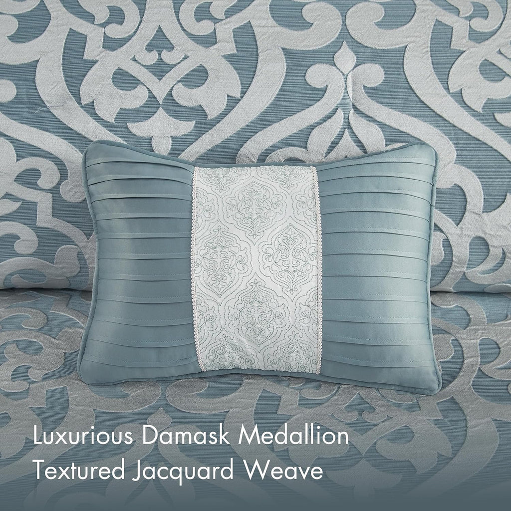 Madison Park Odette Cozy Comforter Set Jacquard Damask Medallion Design - Modern All Season, Down Alternative Bedding, Shams, Decorative Pillows, Cal King(104 in x 92 in), Aqua