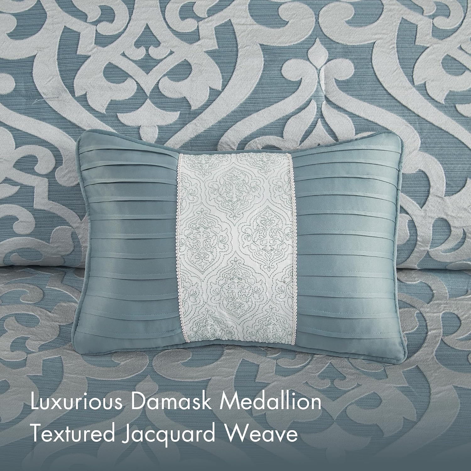 Madison Park Odette Cozy Comforter Set Jacquard Damask Medallion Design - Modern All Season, Down Alternative Bedding, Shams, Decorative Pillows, Cal King(104 in x 92 in), Aqua