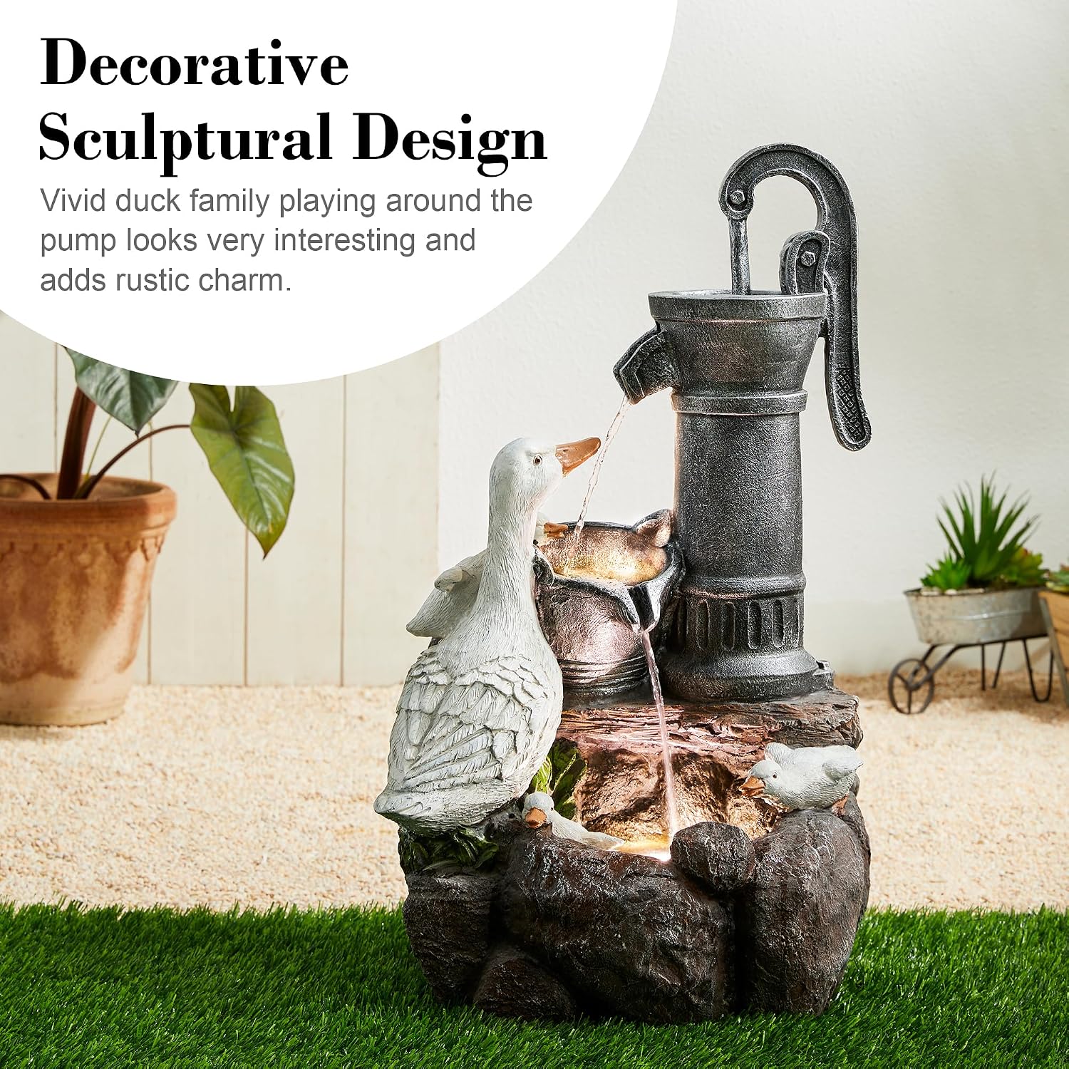 Glitzhome 24' Farmhouse Duck Outdoor Fountain with LED & Pump – 2-Tier Cascading Water Fountain for Outside Garden Decor - Rustic Waterfall for Backyard, Garden, or Patio Decor