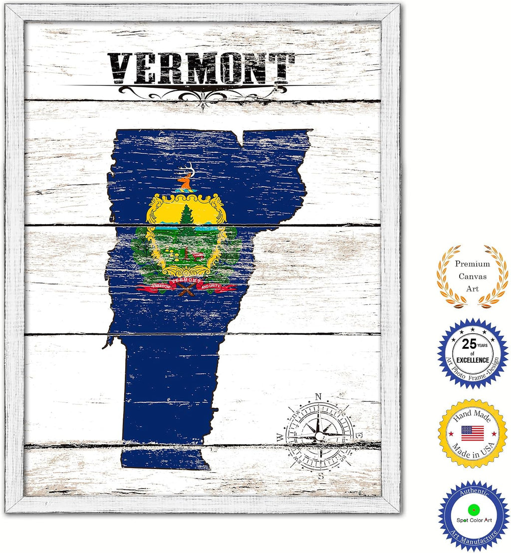 Vermont State Map Flag Cottage Shabby Chic Gifts Home Decor Wall Art Canvas Print, White Wash Wood Frame, 28' x 37'
