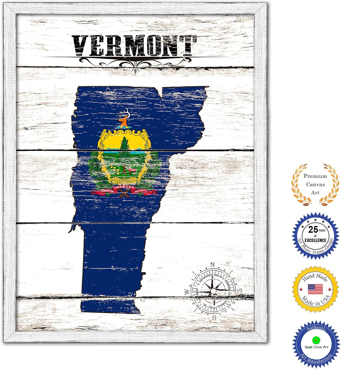 Vermont State Map Flag Cottage Shabby Chic Gifts Home Decor Wall Art Canvas Print, White Wash Wood Frame, 28' x 37'