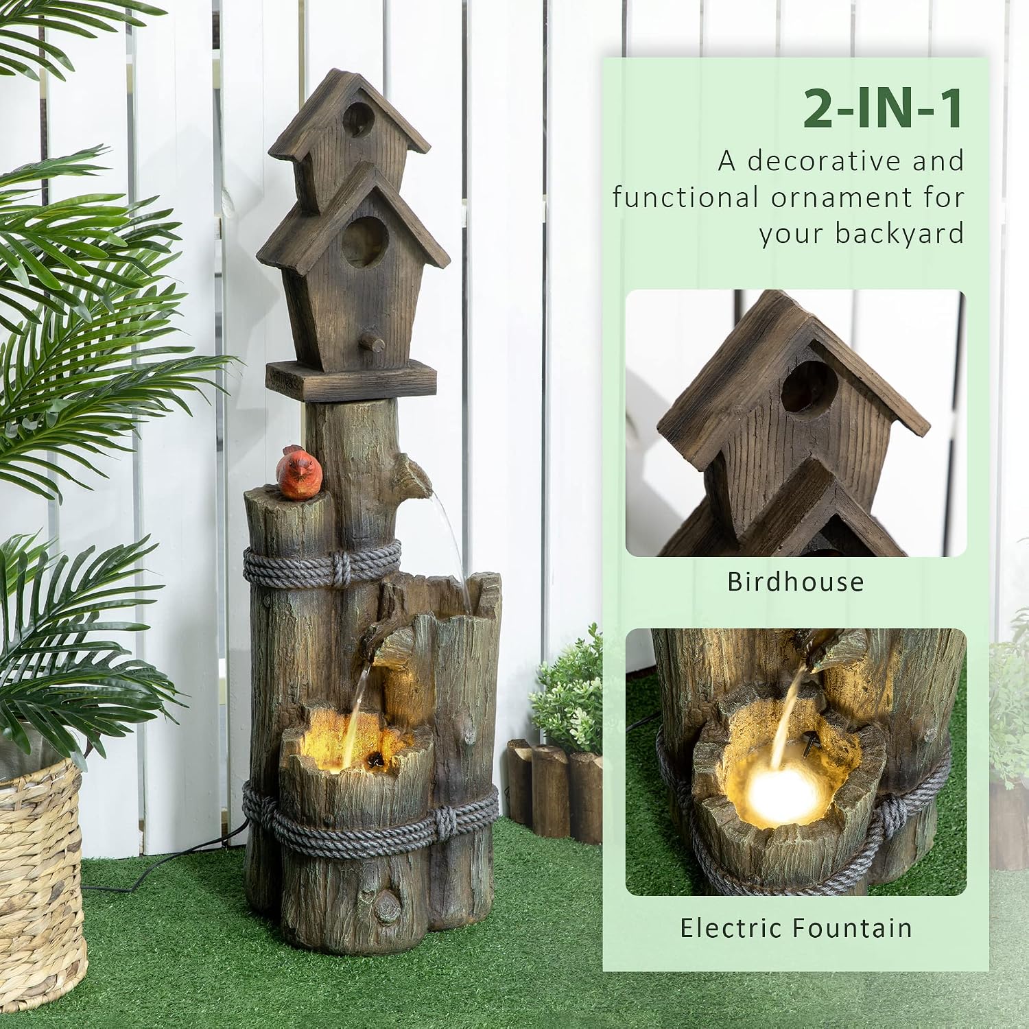 Outsunny Outdoor Fountain with Birdhouse, Cascading Garden Waterfall Bird Bath with 3-Tier Rustic Tree Trunk/Log Design, LED Lights for Porch, Deck, Yard Decor, Brown