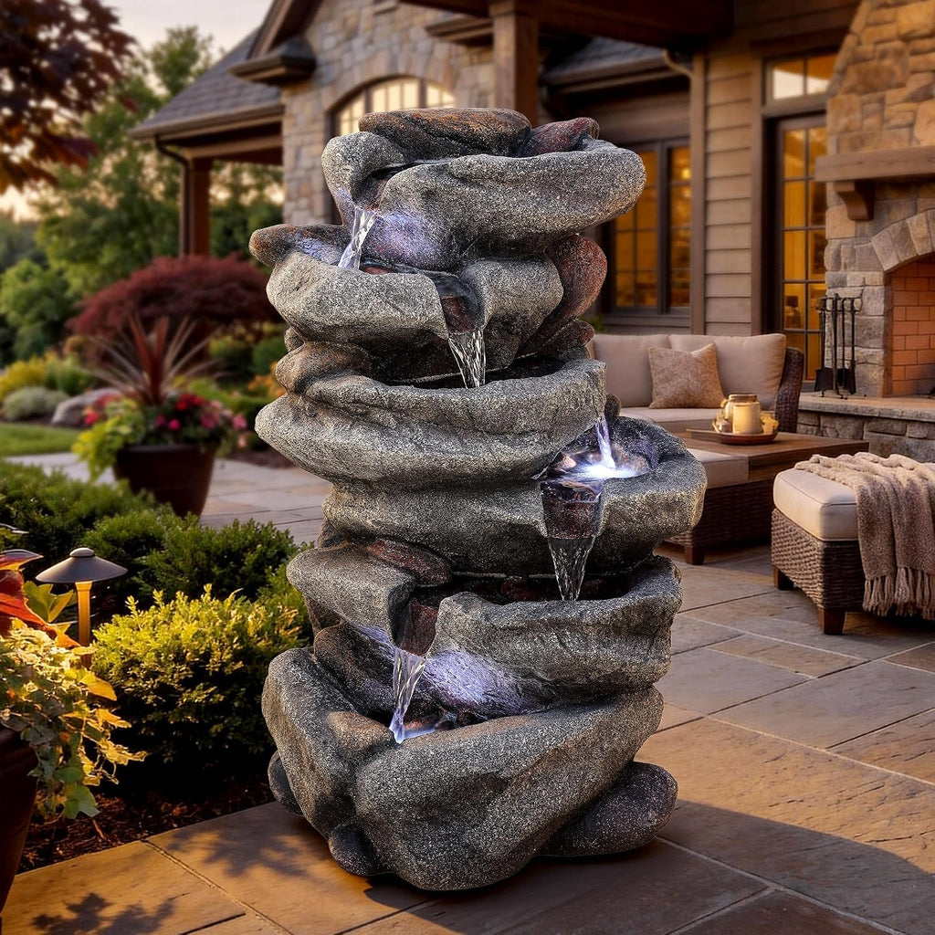 20' H Outdoor Water Fountain with LED Lights, 5-Tier Rock Outdoor Fountain with Pump,Polyresin Cascading Freestanding Waterfall Feature for Tranquil Garden, Patio or Porch