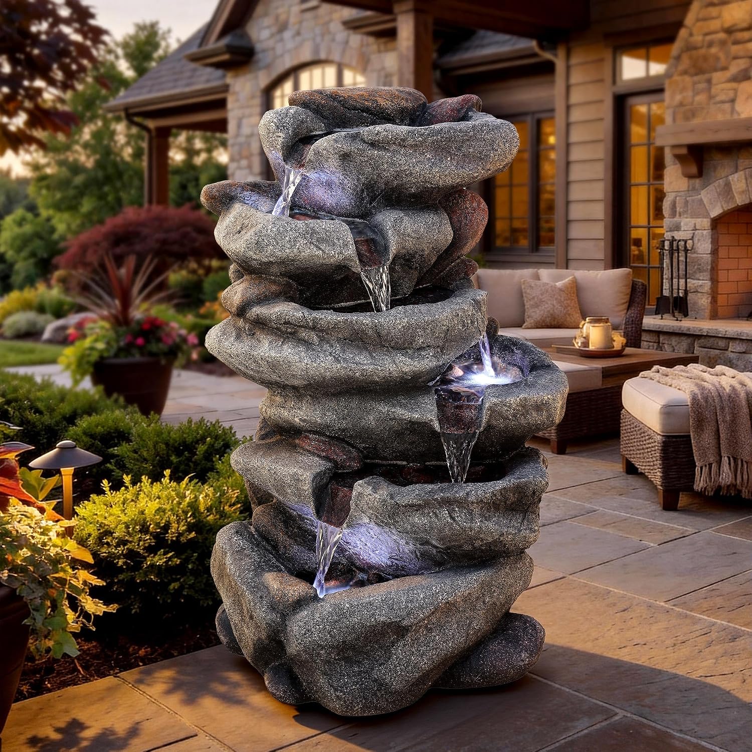 20' H Outdoor Water Fountain with LED Lights, 5-Tier Rock Outdoor Fountain with Pump,Polyresin Cascading Freestanding Waterfall Feature for Tranquil Garden, Patio or Porch