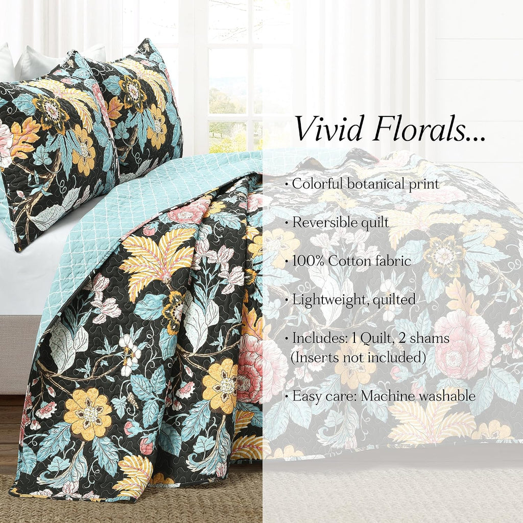 Lush Decor Sydney Reversible Cotton Quilt Set, 3 Piece Set, King, Black & Blue - Cotton Bedding Set - Black Floral Quilt - Cottage Decor - Bedding King Size