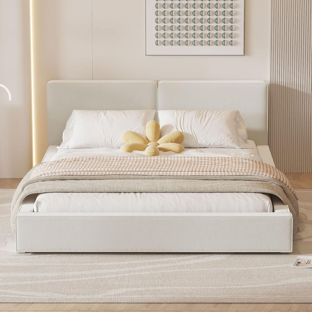 Queen Size Upholstered Platform Bed with Velvet Fabric Headboard, Solid Wood Grounded Bed Frame with Slats Support for Bedroom, Easy Assembly,No Box Spring Needed (Beige-173J)